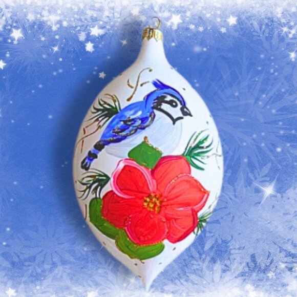 Large Hand-Painted Glass Christmas Ornament Blue Jay Poinsettia White Teardrop - Picture 7 of 7